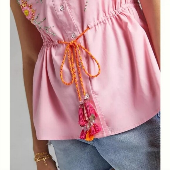 Pink Anthropologie V-Neck Button Down Embroidered Beaded Sleeveless Top (NWT) - Picture 2 of 4
